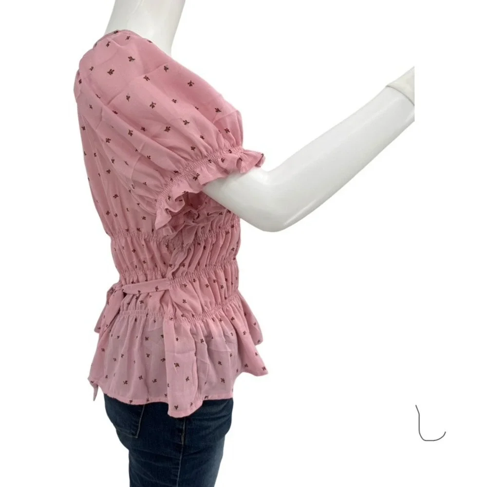 FREE PEOPLE New‎ Large Adore You Blouse Smocked Peplum Pink Floral Cottagecore